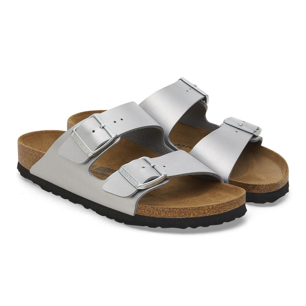 Birkenstock Arizona Birko-Flor in Silver - 3/4 angle pair
