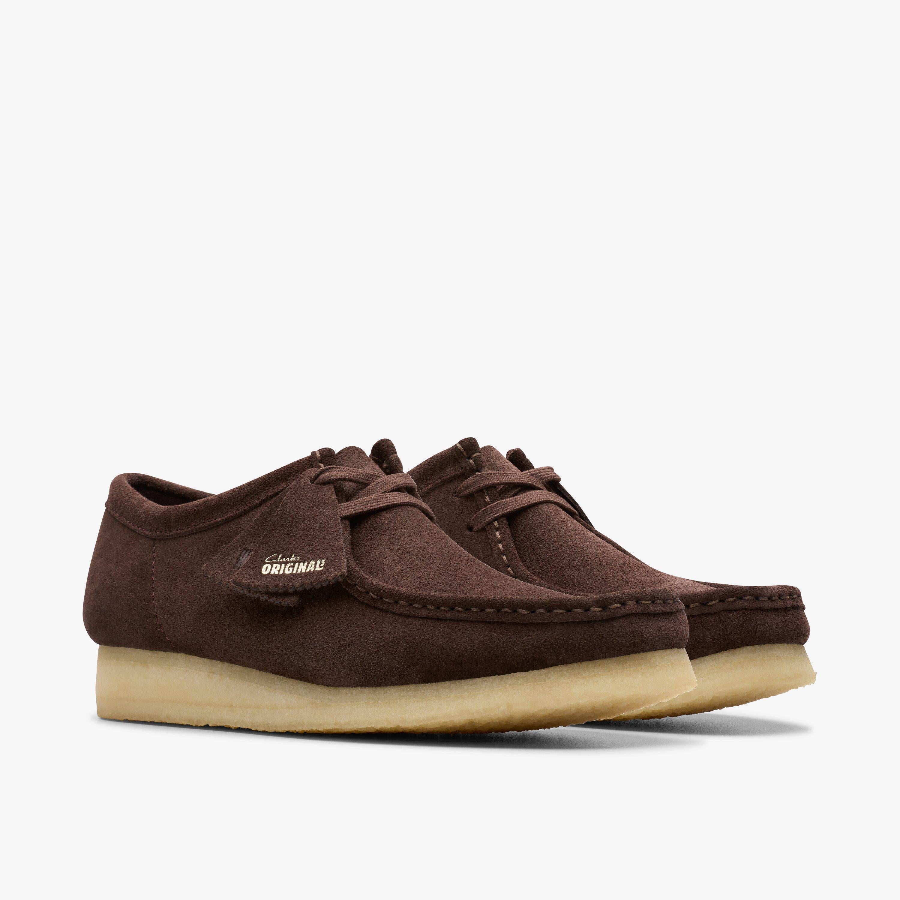 Clarks Wallabee Dark Brown Suede - back view pair
