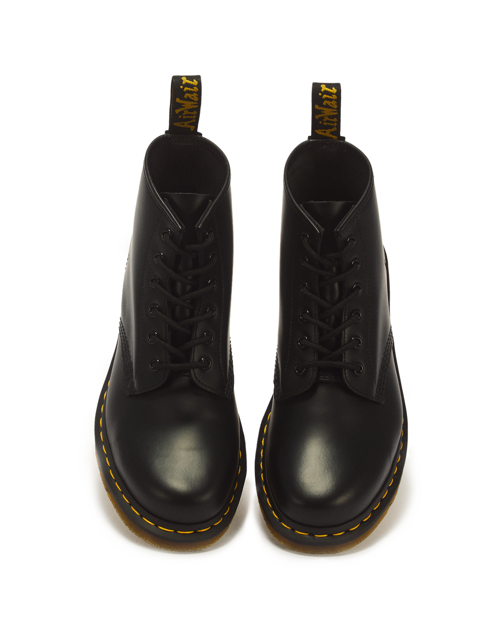 Dr. Martens 101 Yellow Stitch Smooth Leather Ankle Boots in Black - front view pair
