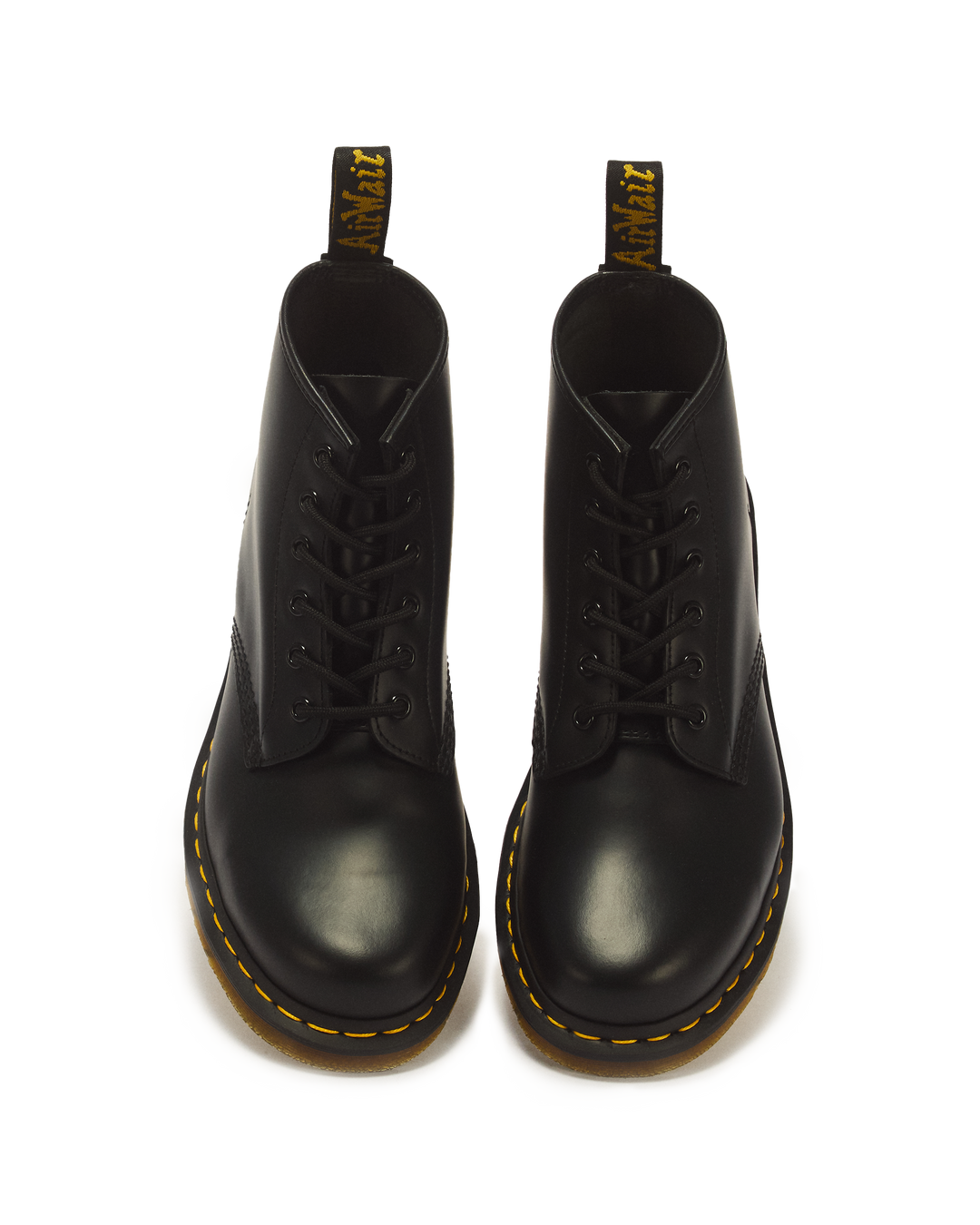 Dr. Martens 101 Yellow Stitch Smooth Leather Ankle Boots in Black - front view pair