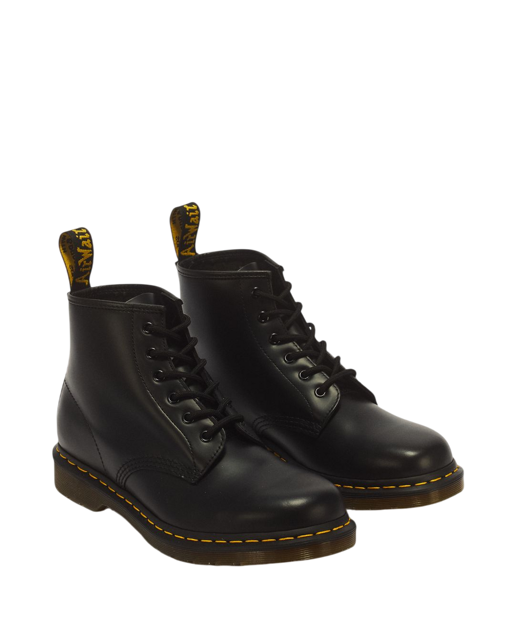 Dr. Martens 101 Yellow Stitch Smooth Leather Ankle Boots in Black - 3/4 angle pair