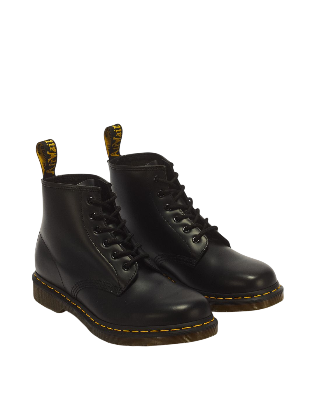 Dr. Martens 101 Yellow Stitch Smooth Leather Ankle Boots in Black - 3/4 angle pair