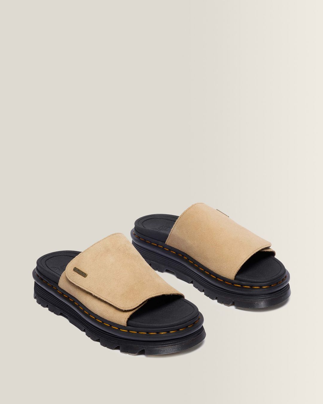 Dr. Martens Zebzag Suede Platform Slides in Savannah Tan - 3/4 angle pair